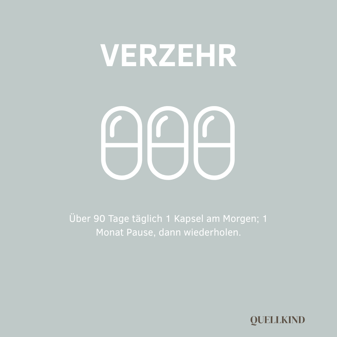 1 Kapsel täglich morgens über 90 Tage, 1 Monat Pause, dann wiederholen
