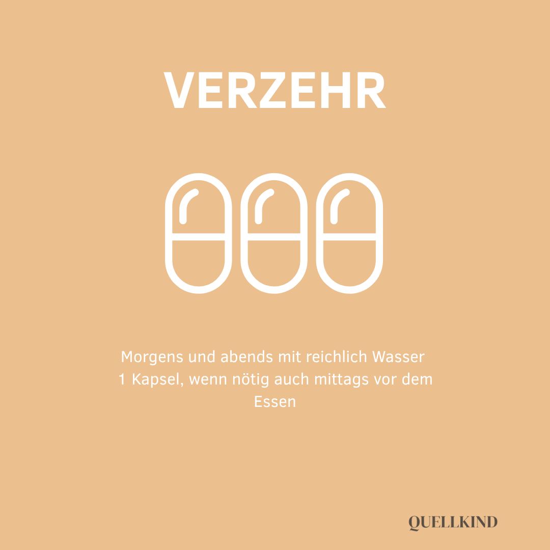 1 Kapsel morgens und abends, bei Bedarf mittags vor dem Essen